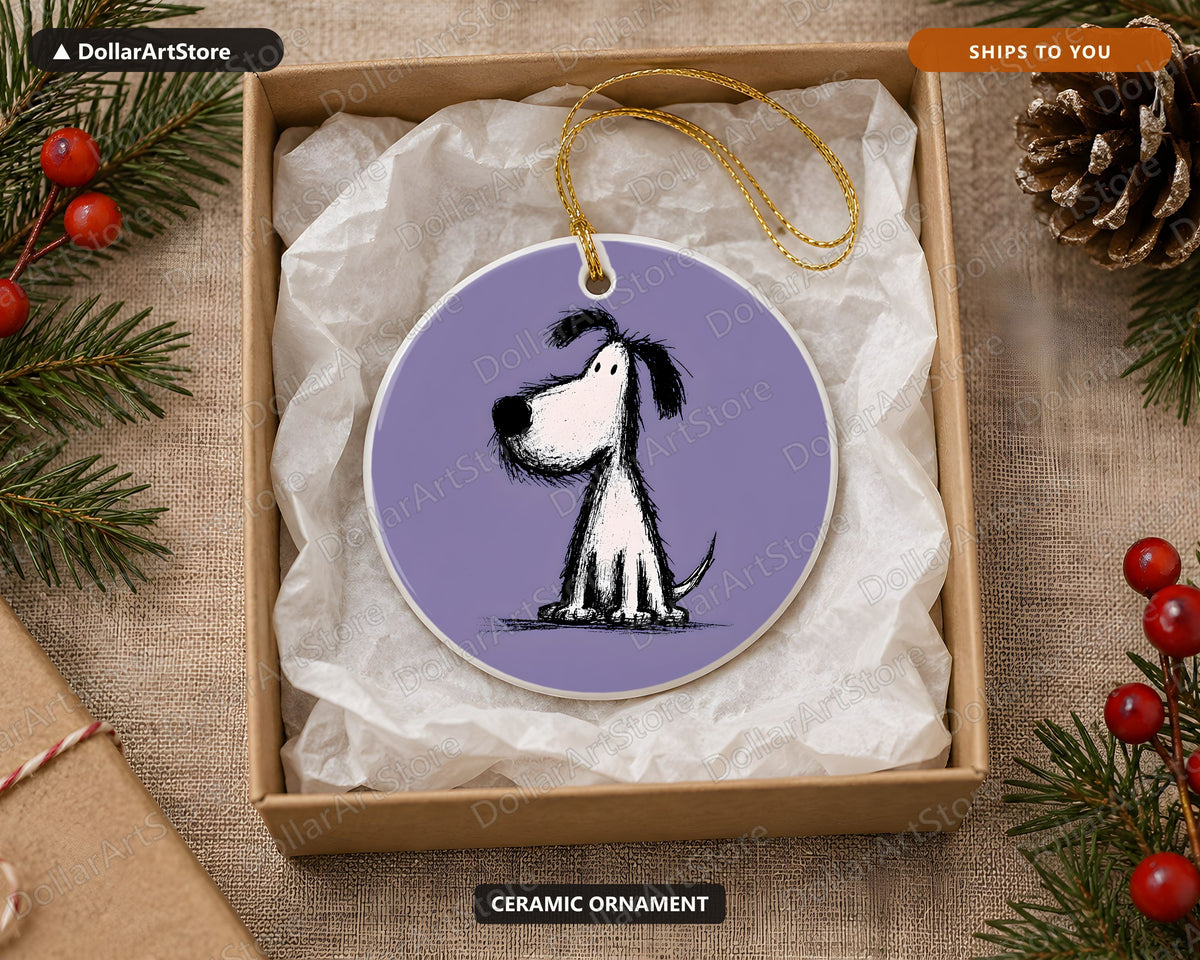 Whimsical Dog Doodle Christmas Ornament, Ceramic Tree Ornament, Holiday Gift