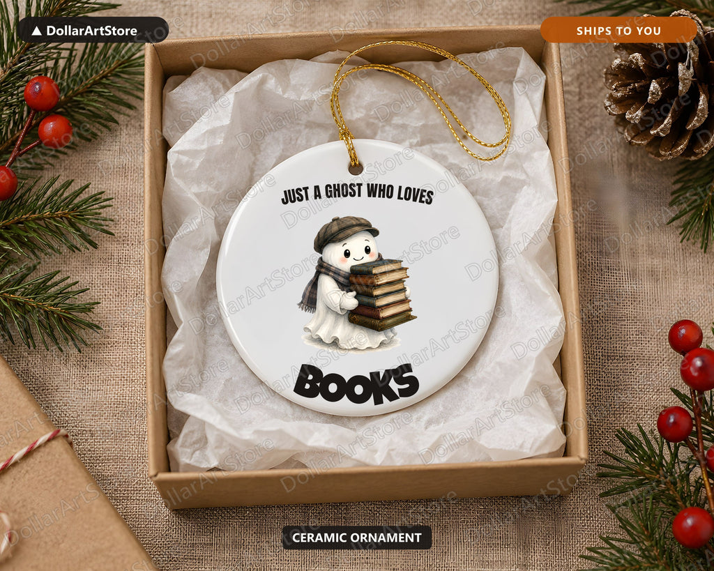 Bookish Ghost Ceramic Christmas Ornament, Literary Holiday Gift