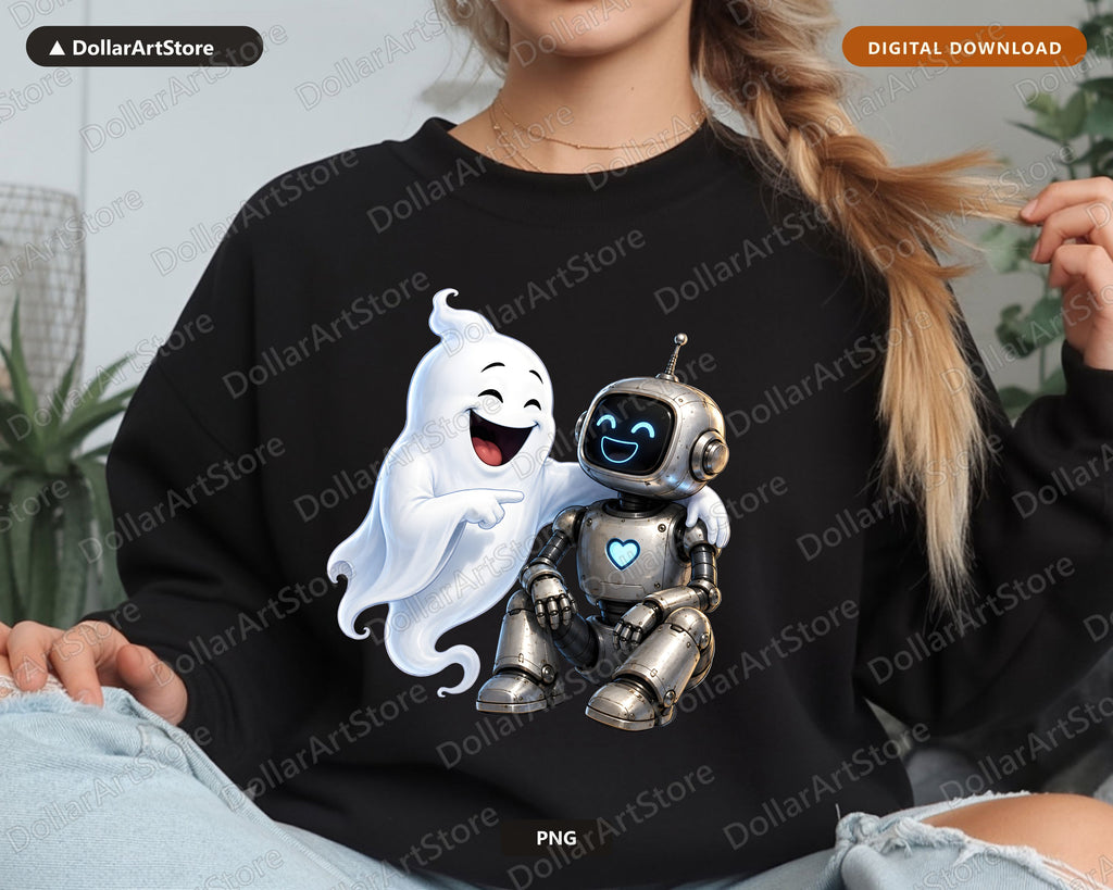 Cute Halloween Ghost and Robot PNG, Sublimation Shirt Design Digital Download