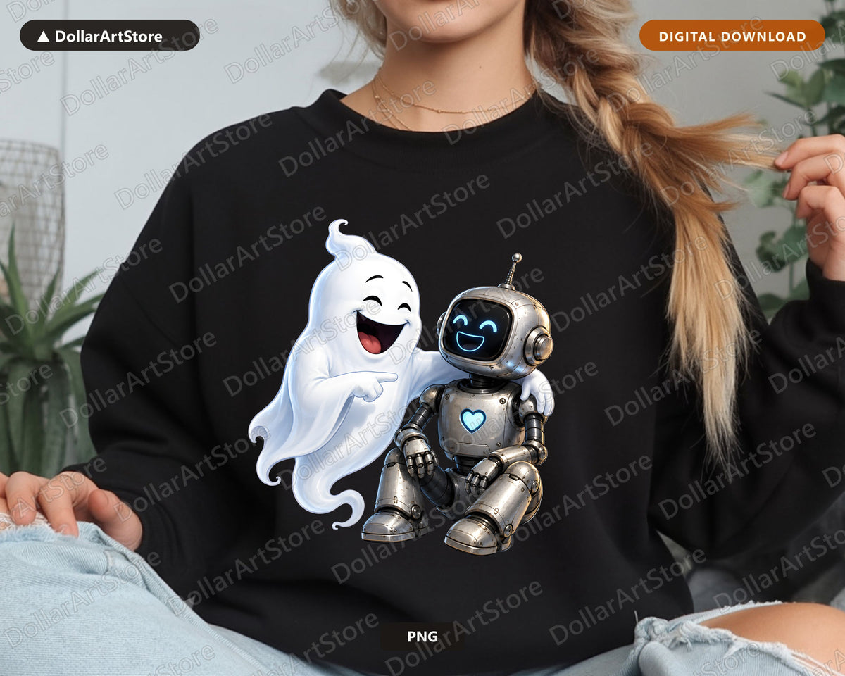 Cute Halloween Ghost and Robot PNG, Sublimation Shirt Design Digital Download