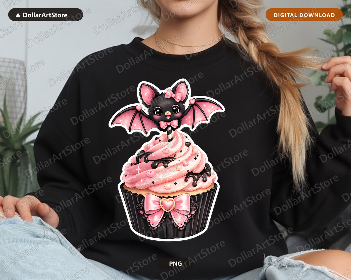 Coquette Bat Cupcake PNG, Sublimation Design, Cute Halloween Shirt Print