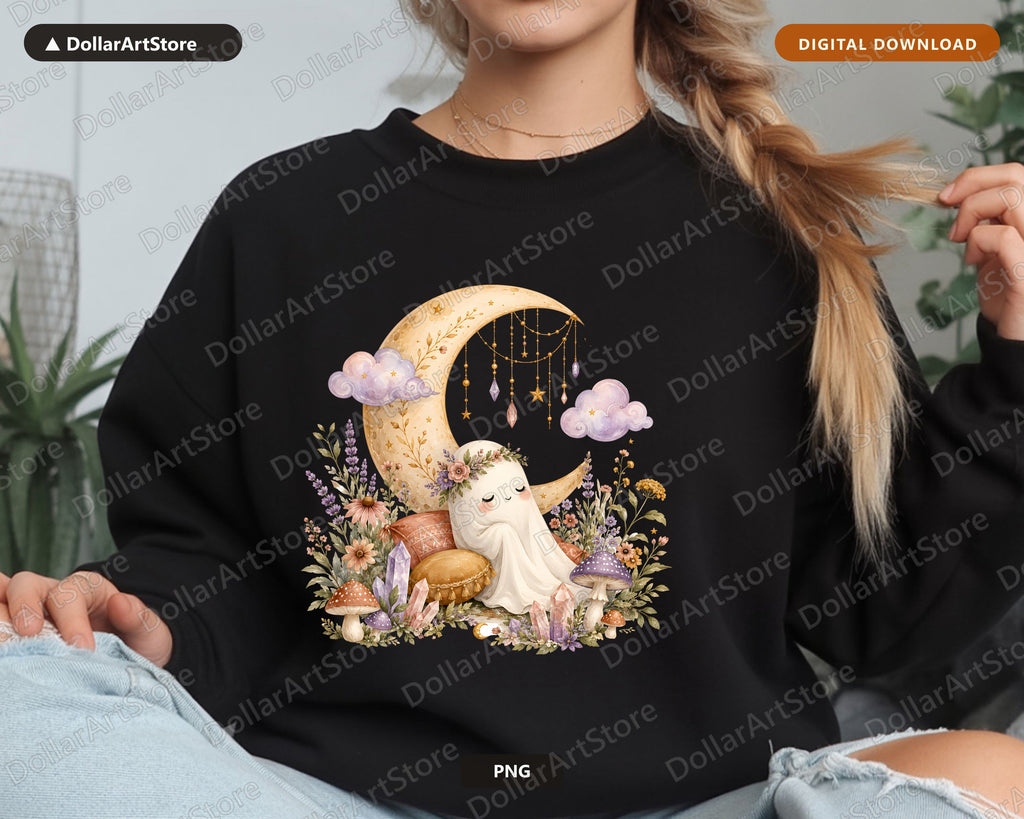 Boho Ghost PNG Sublimation Design, Whimsical Moon Art Digital Download
