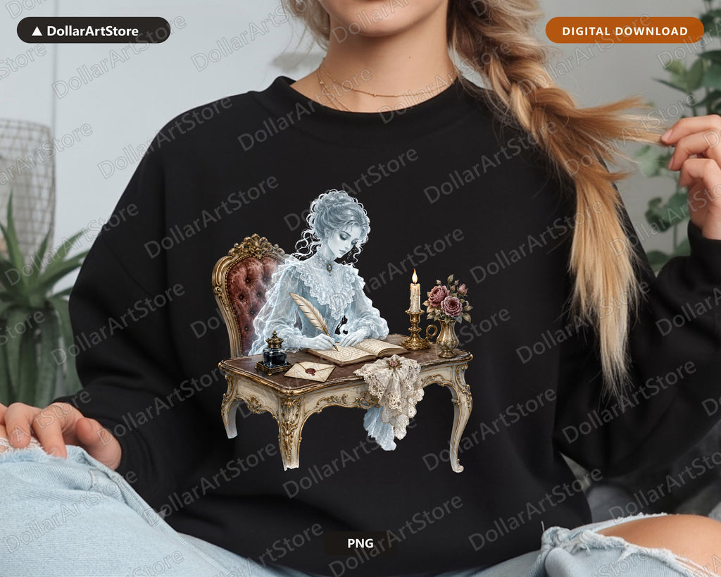 Bookish Ghost PNG, Victorian Spirit Design, Sublimation Digital Download