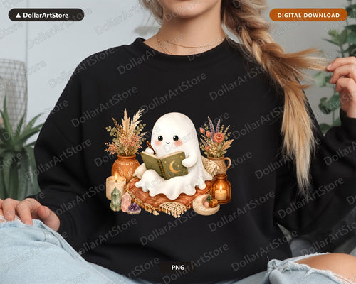 Bookish Ghost PNG Sublimation Design, Autumn Shirt Design Digital Download
