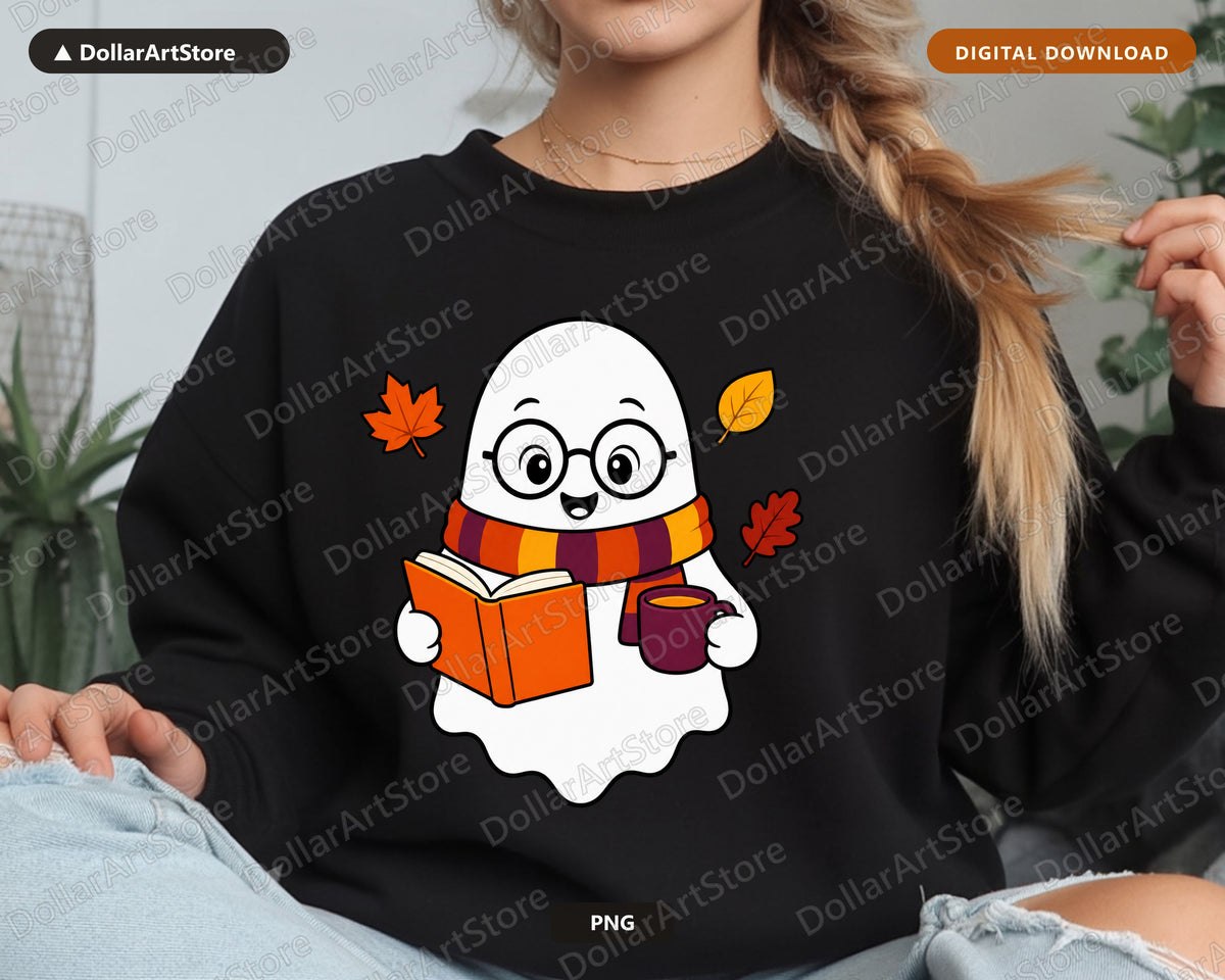 Bookish Ghost PNG, Autumn Sublimation Design, Reading Season Shirt Print