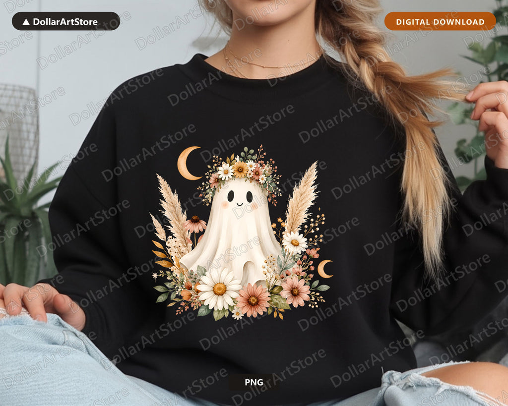 Boho Ghost PNG, Autumn Floral Sublimation Design, Fall Shirt Design Digital Download