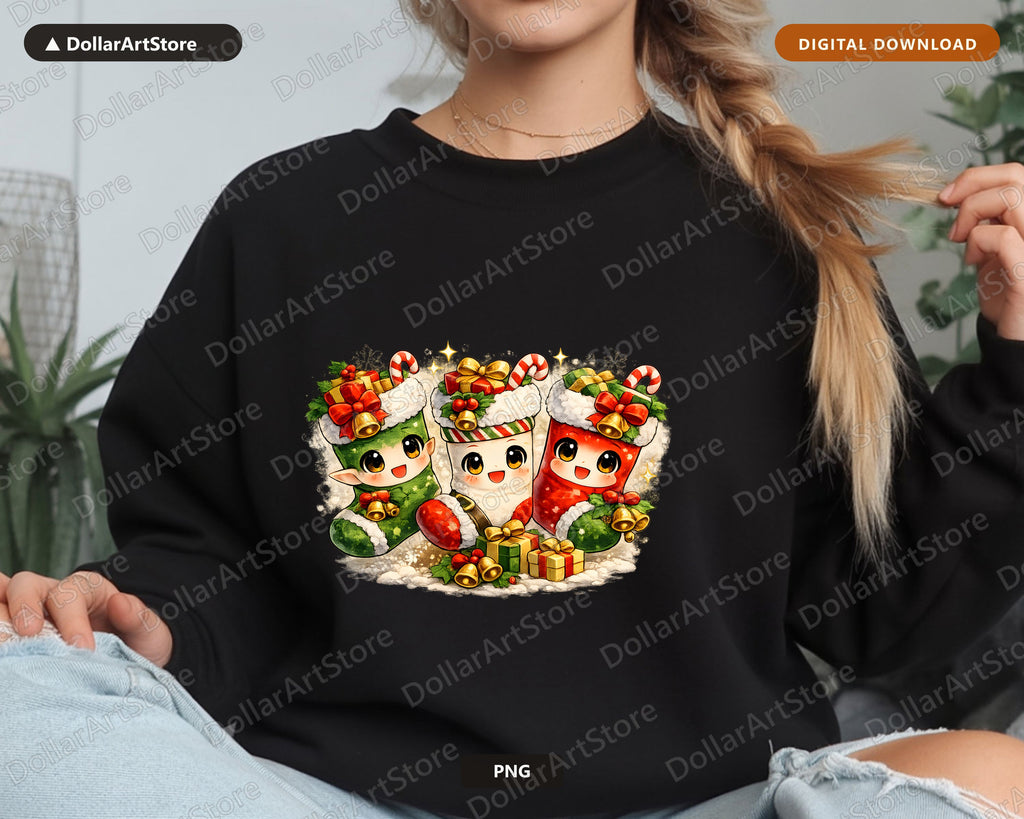 Cute Christmas Stockings PNG, Kawaii Holiday Design, Sublimation Digital Download