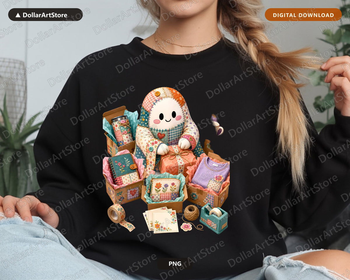 Crafty Ghost PNG, Patchwork Sublimation Design, Shirt & Tumbler Digital Download