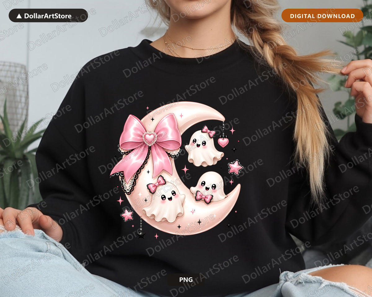 Cute Ghost PNG Sublimation Design, Pink Bow Moon, Shirt & Tumbler Print