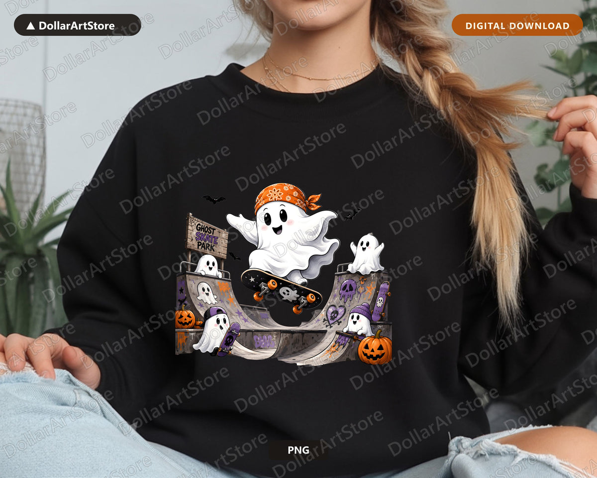 Cute Halloween Ghost Skate Park PNG, Sublimation Design, Shirt Design Digital Download