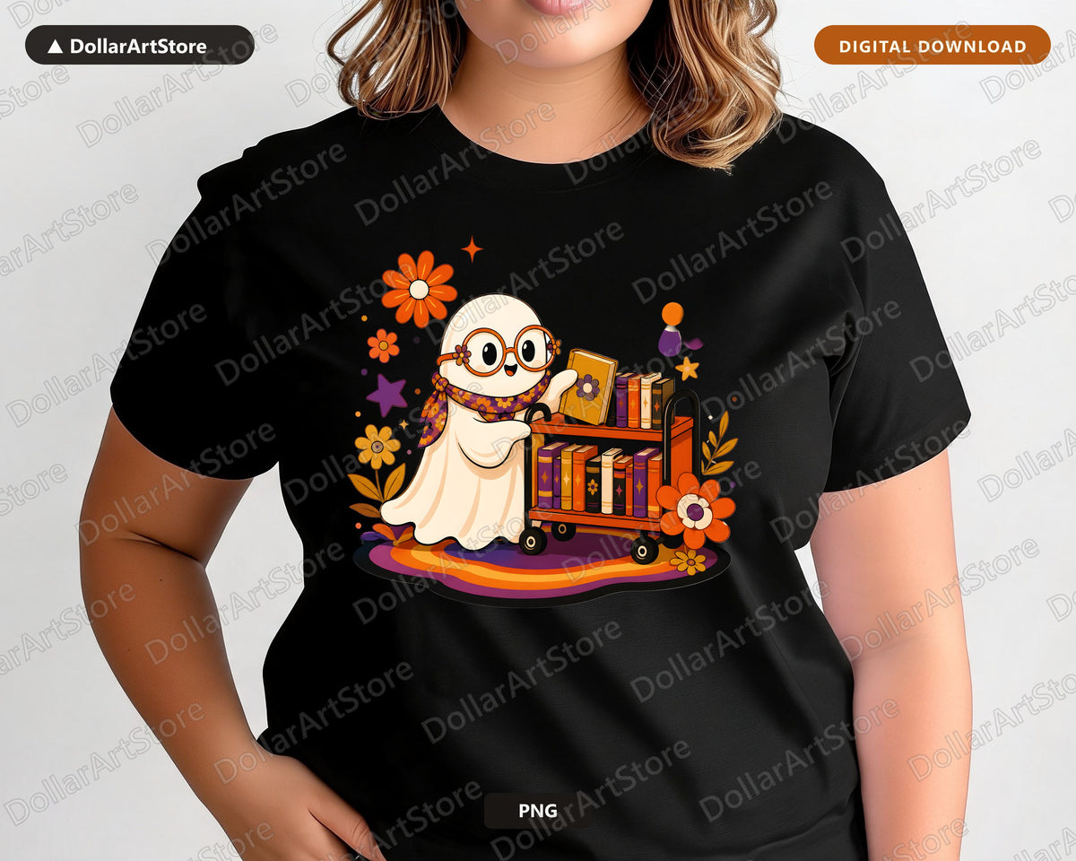 Bookish Ghost PNG, Retro Sublimation Design, Shirt & Tumbler Digital Download