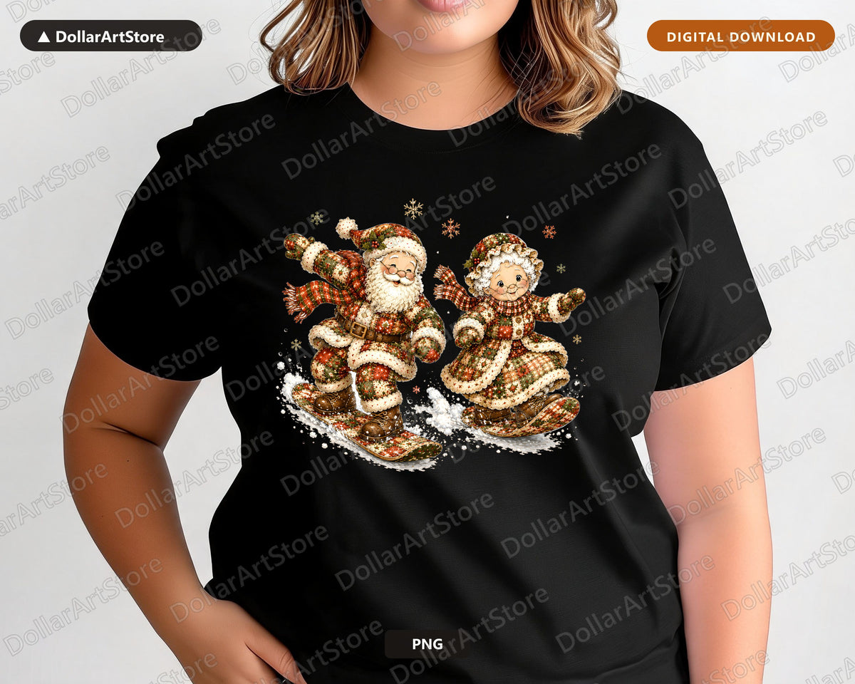 Patchwork Santa PNG Sublimation Design, Skiing Christmas Shirt Design