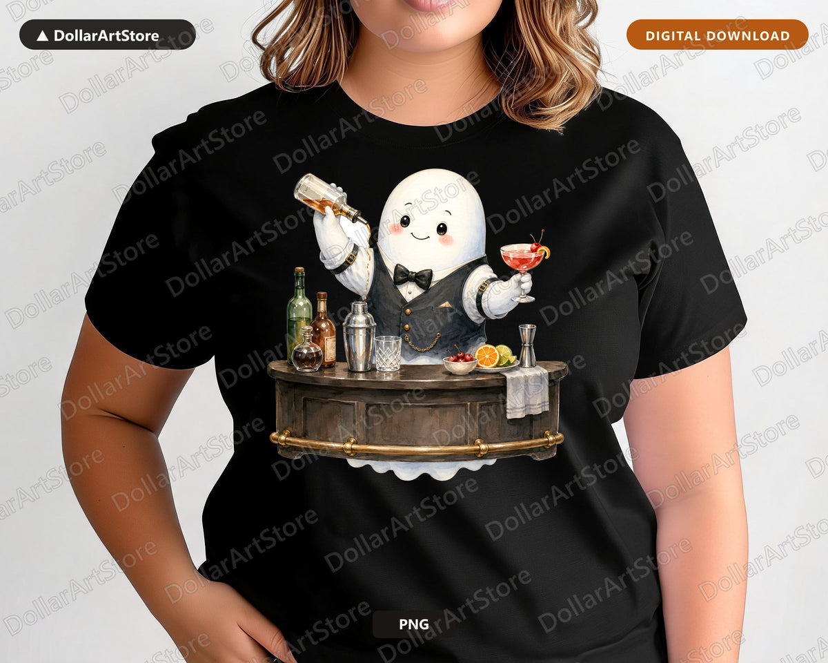 Cute Bartender Ghost PNG, Sublimation Design, Digital Download