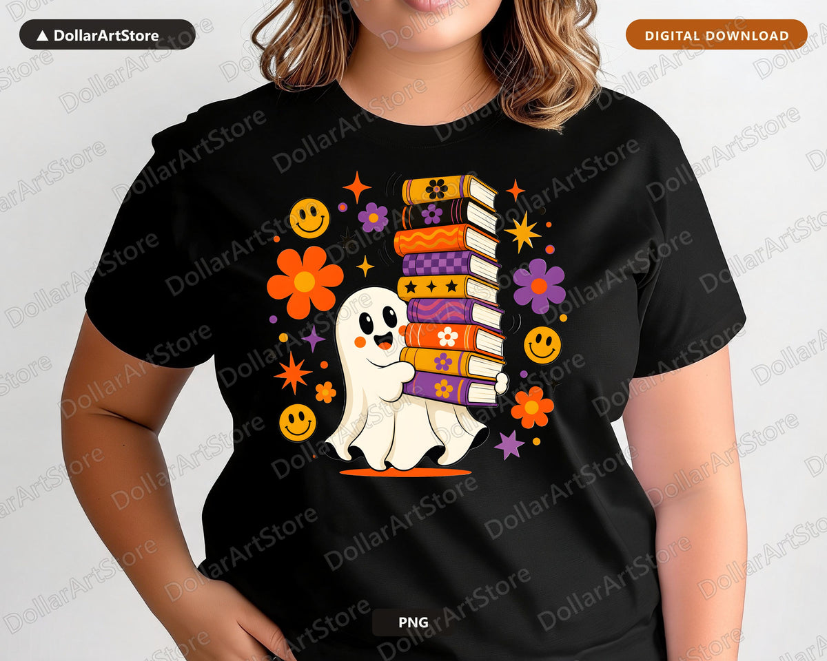 Bookish Ghost PNG, Retro Sublimation Design, Groovy Shirt Design Digital Download