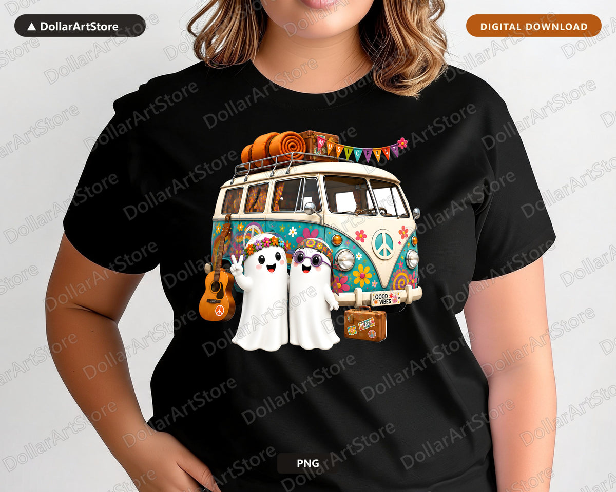 Cute Halloween Ghost PNG, Groovy VW Van, Sublimation Design, Shirt & Tumbler