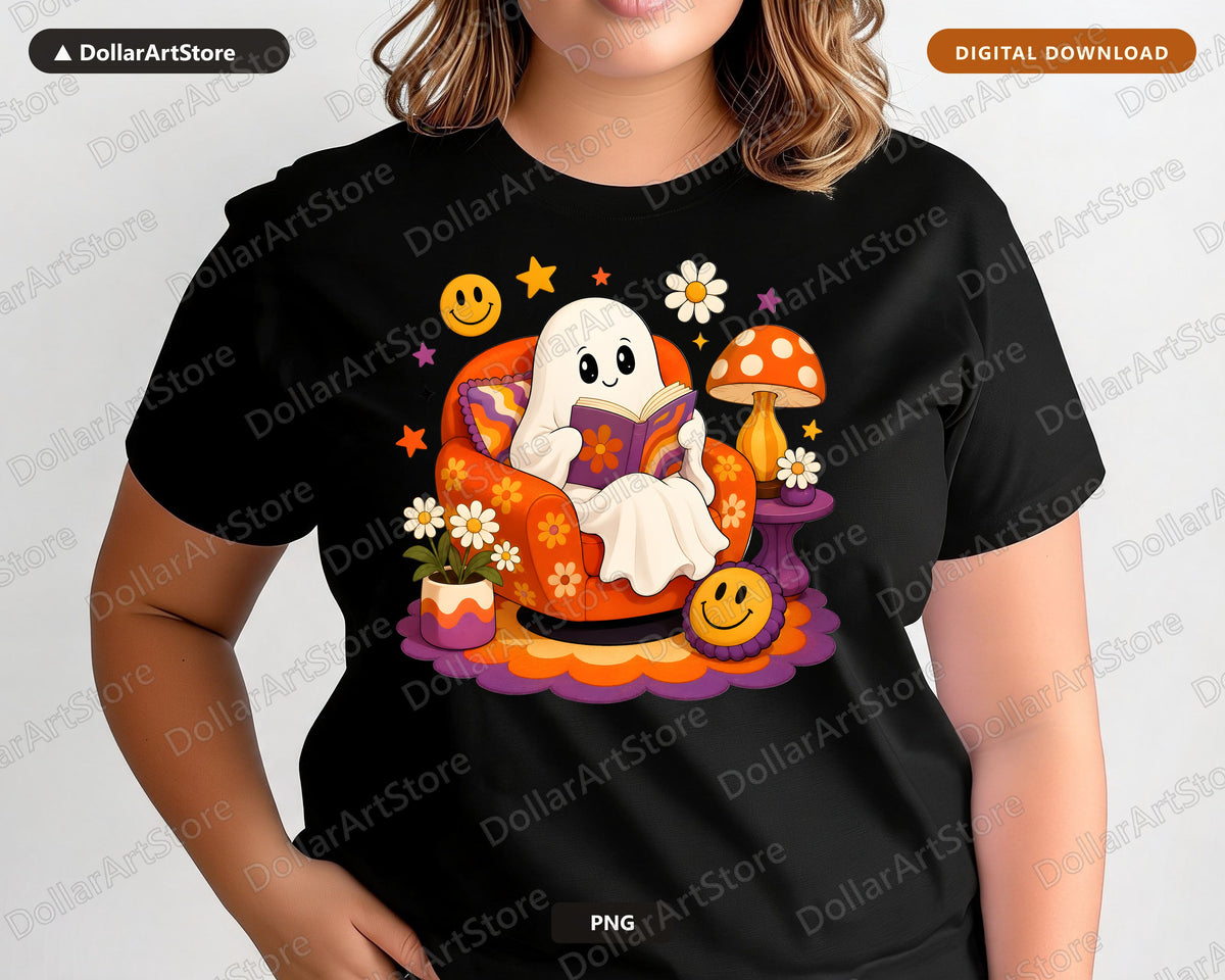 Bookish Ghost PNG, Retro Reading Design, Halloween Shirt Digital Download