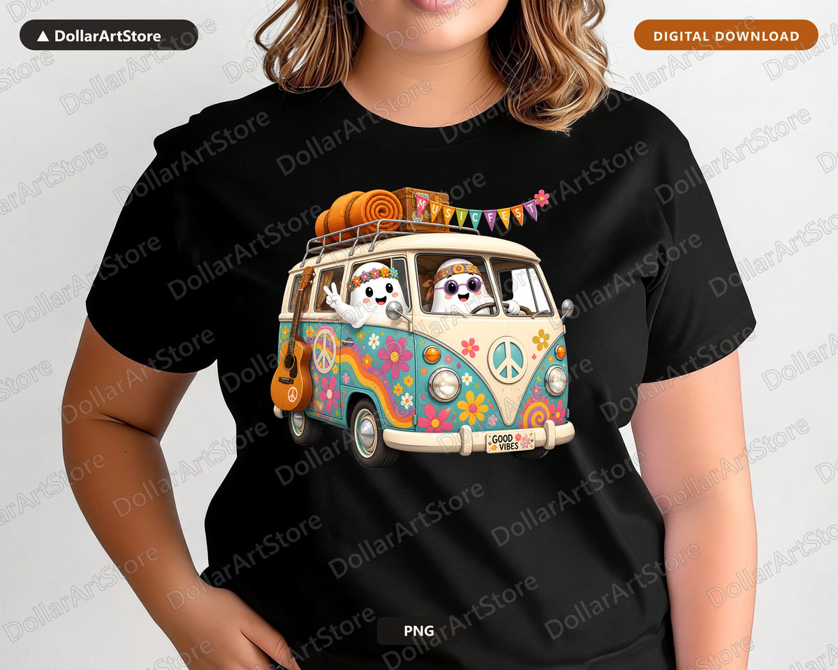 Retro Hippie Van PNG, Cute Ghost Characters, Sublimation Design Digital Download