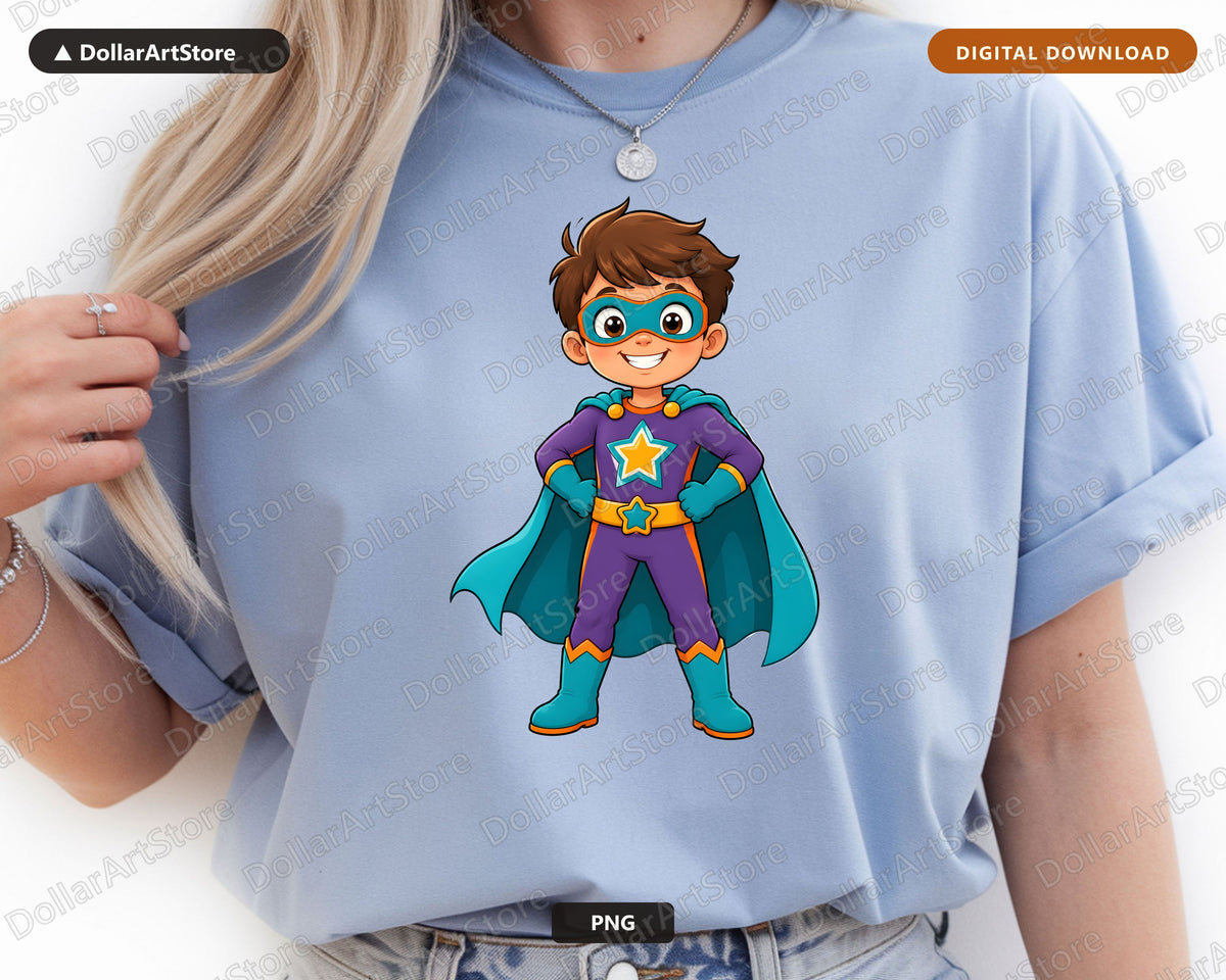 Cute Superhero Boy PNG, Kids Character Design, Shirt Design Digital Download
