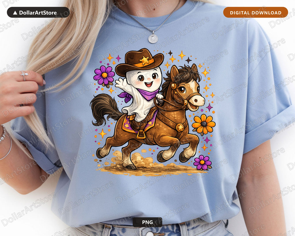 Cute Ghost Cowboy PNG, Sublimation Design, Halloween Shirt Design Digital Download