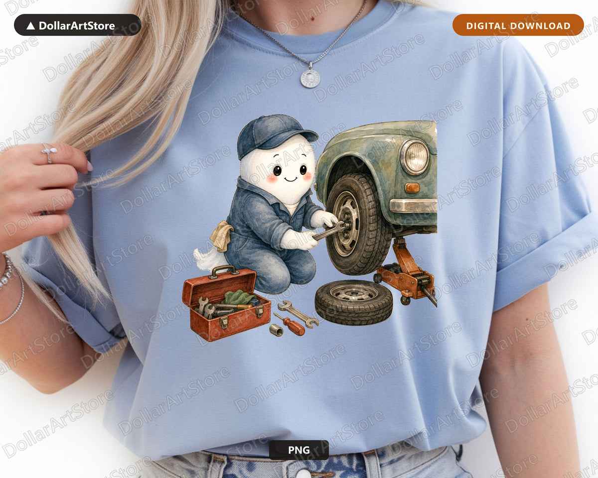 Cute Ghost Mechanic PNG, Vintage Car Repair Design, Sublimation Download