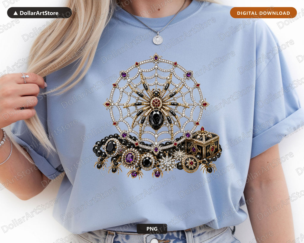 Gothic Spider Web Crown PNG, Jeweled Halloween Design, Sublimation Shirt Print
