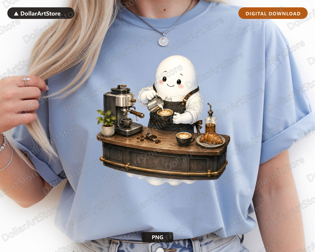 Cute Coffee Barista Ghost PNG, Sublimation Design, Shirt & Tumbler Design Digital Download