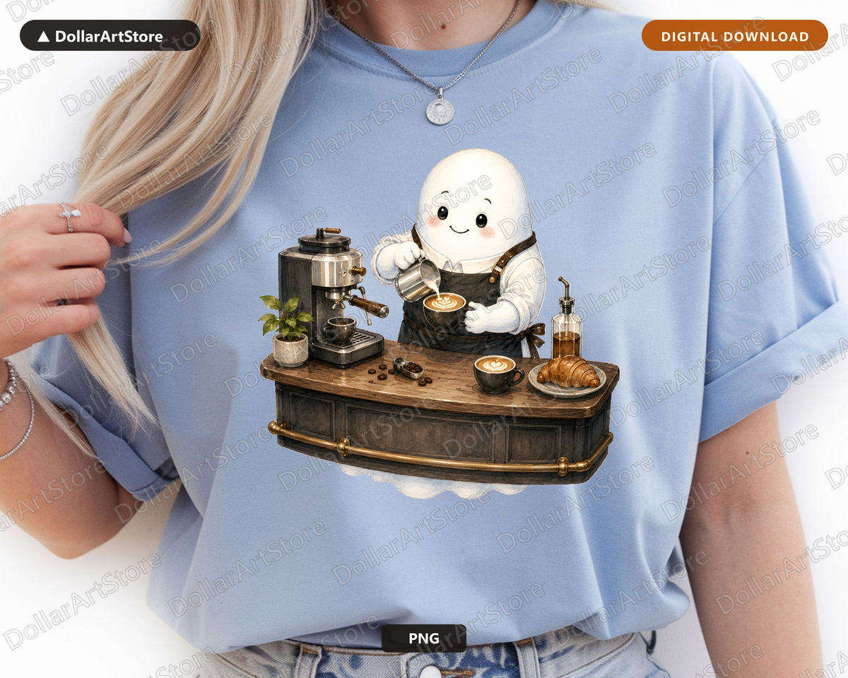 Cute Coffee Barista Ghost PNG, Sublimation Design, Shirt & Tumbler Design Digital Download