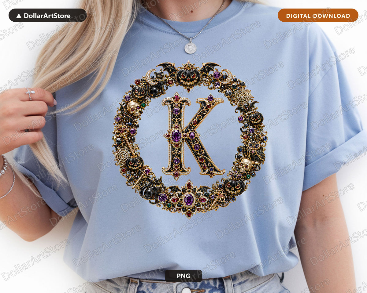 Letter K Halloween Monogram PNG, Luxury Gothic Design, Sublimation Download