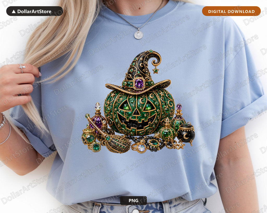 Luxury Witch Hat Pumpkin PNG, Gothic Halloween Design, Sublimation Print