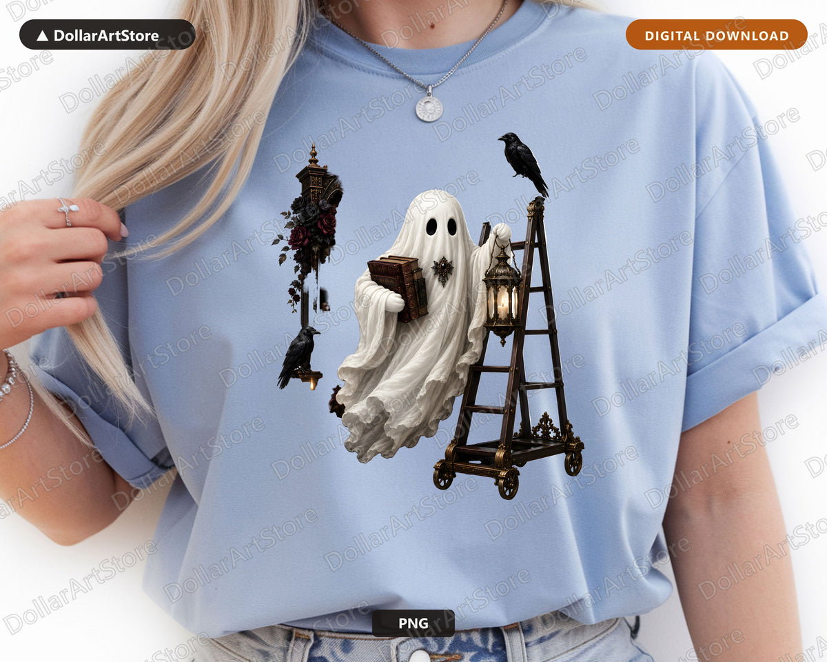 Bookish Ghost PNG Sublimation Design | Gothic Halloween Shirt Design Digital Download