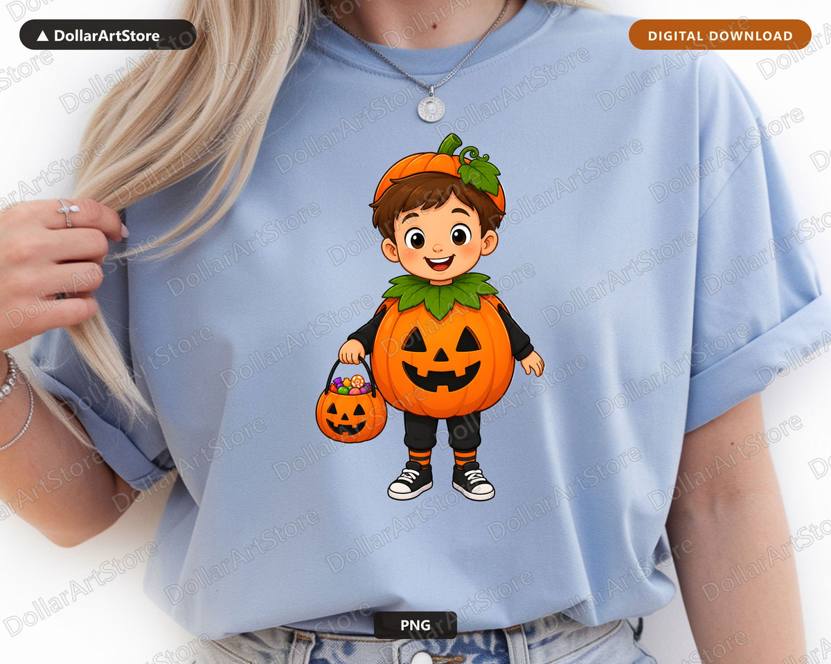 Cute Pumpkin Costume Kid PNG, Halloween Sublimation Design, Shirt Design Digital Download