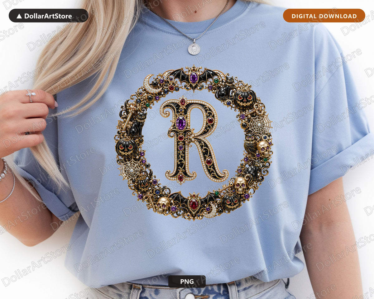 Halloween Monogram R PNG, Ornate Gothic Letter, Sublimation Design Digital Download