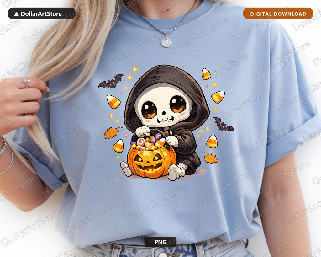 Cute Skeleton Grim Reaper PNG, Halloween Sublimation Design, Shirt & Tumbler