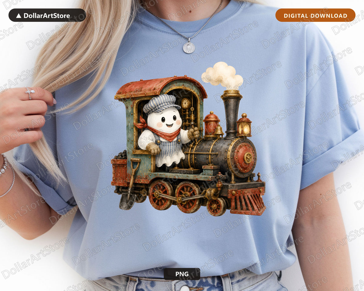 Steampunk Ghost Cowboy PNG, Western Train Design, Sublimation Print Download