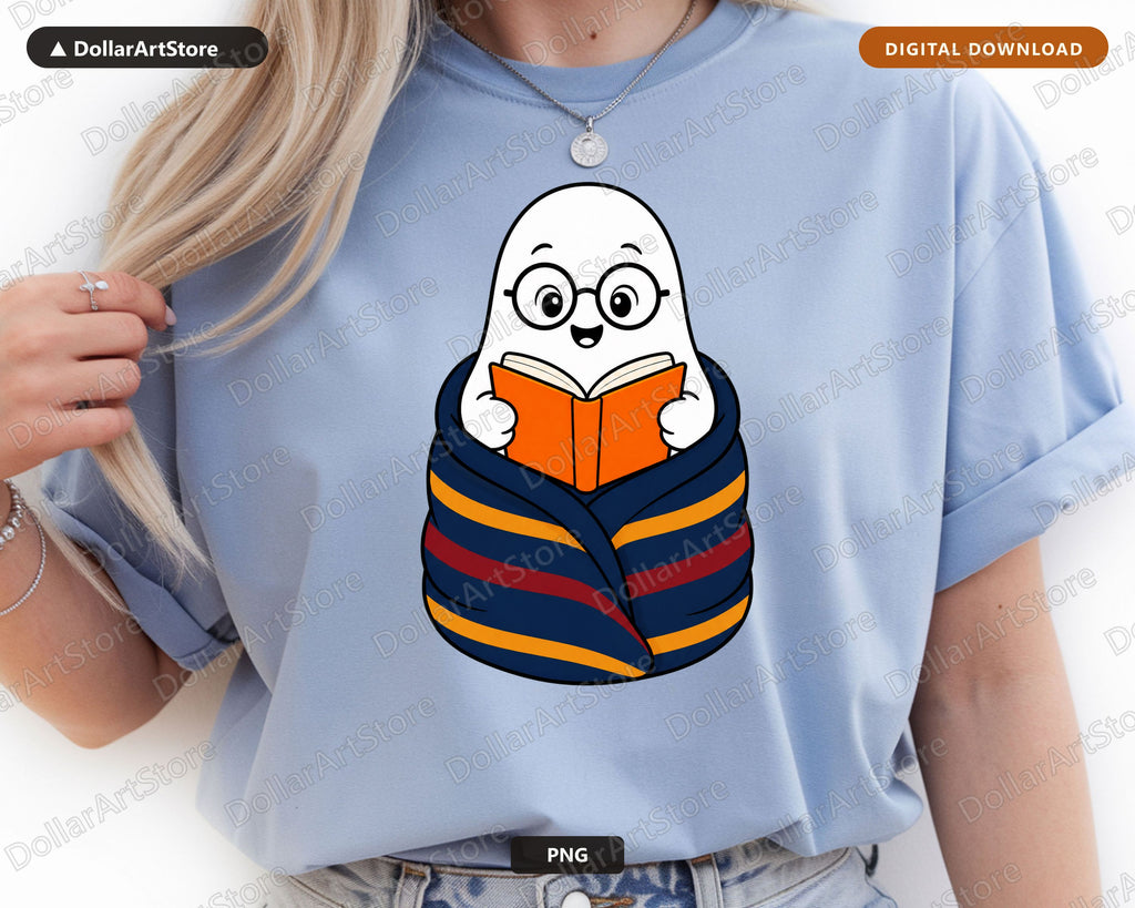 Bookish Ghost PNG, Cute Reading Character Design, Sublimation Digital Download