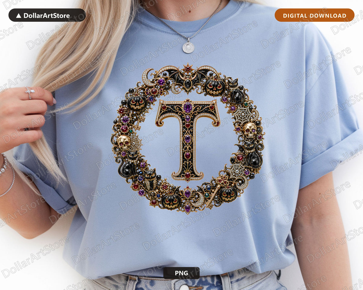 Halloween Monogram T PNG, Gothic Ornate Letter Design, Sublimation Shirt Design