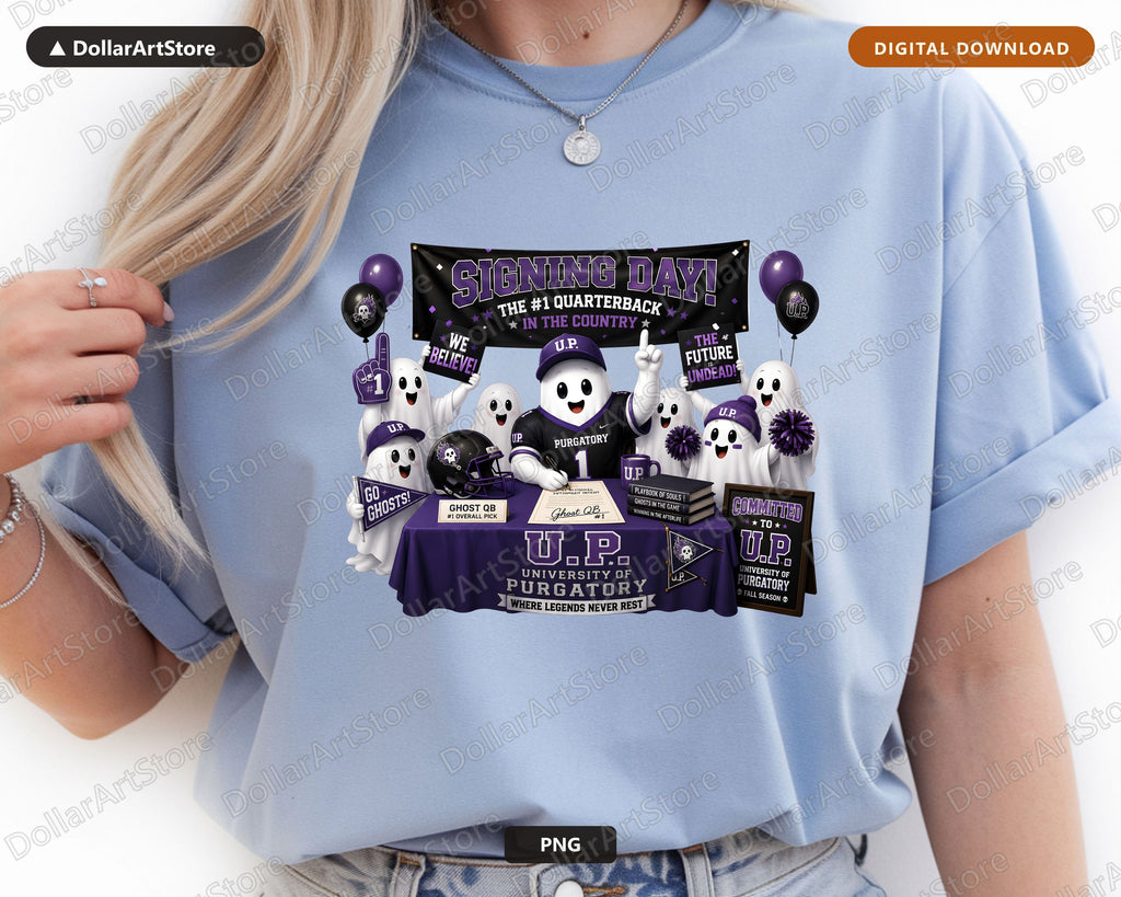 Cute Ghost Quarterback Football PNG, U of Purgatory Signing Day, Sublimation Design