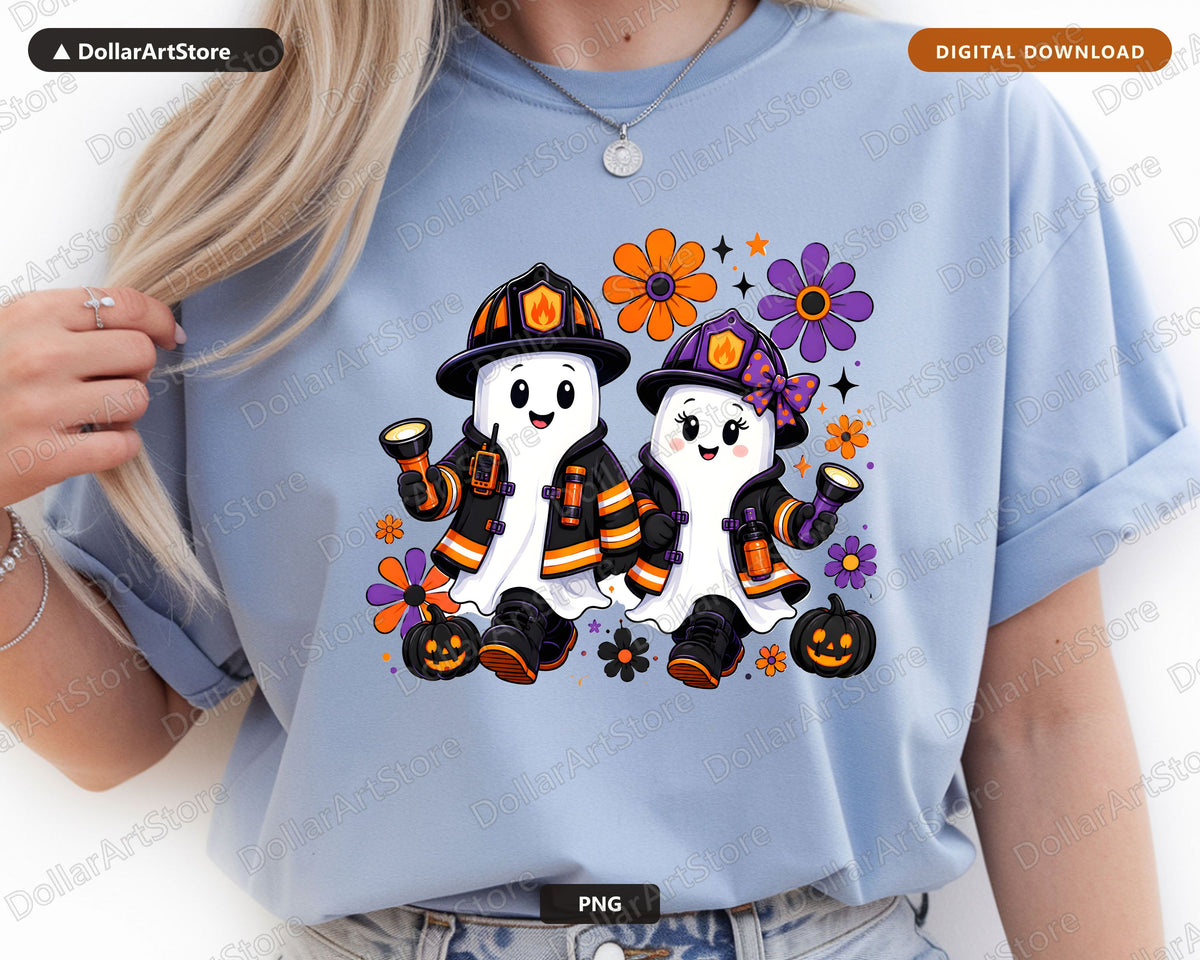 Cute Firefighter Ghosts PNG, Halloween Sublimation Design, Shirt Design Digital Download