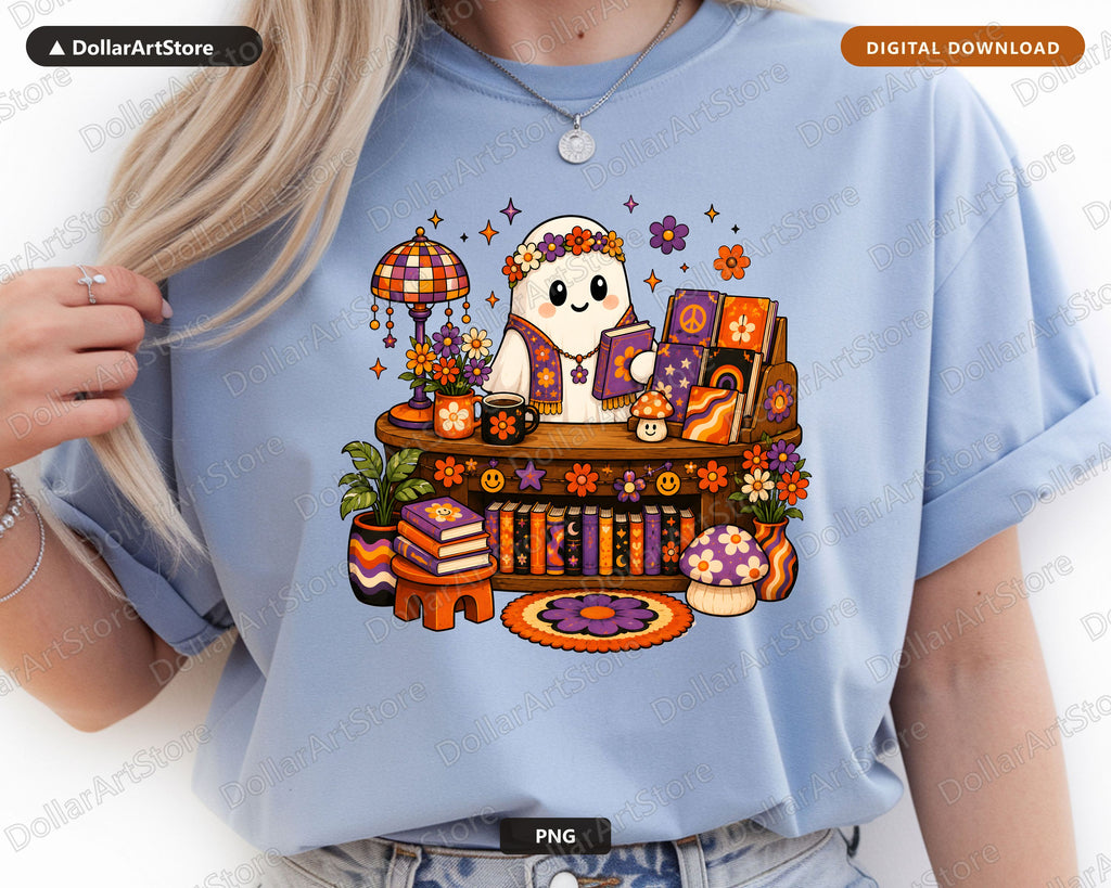 Groovy Bookish Ghost PNG, Sublimation Design, Retro Shirt Design Digital Download
