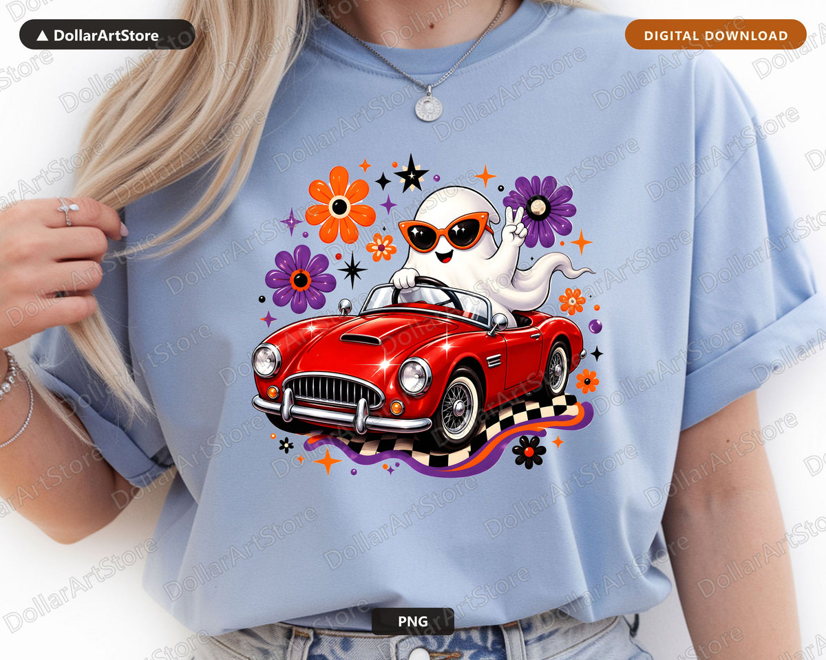 Cute Halloween Ghost PNG, Retro Car Design, Sublimation Digital Download