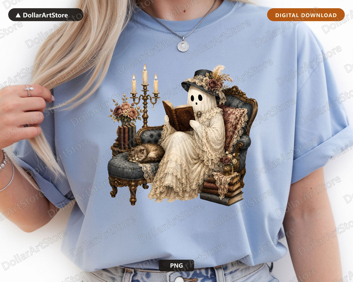 Bookish Ghost PNG, Vintage Gothic Sublimation Design, Digital Download