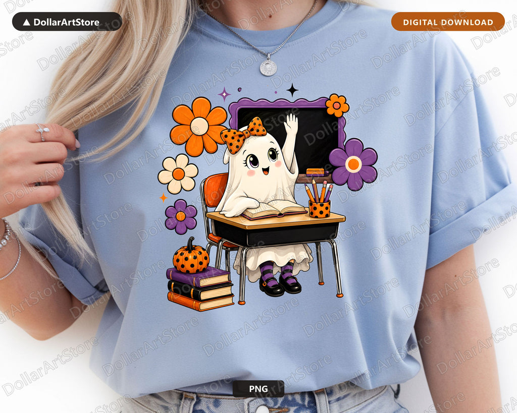 Cute Halloween Ghost PNG, School Desk Design, Sublimation Download