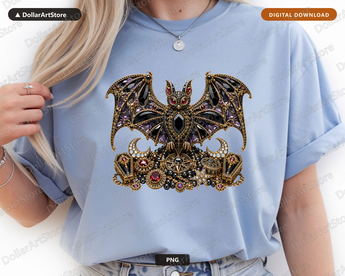 Gothic Bat PNG, Ornate Jeweled Design, Sublimation Shirt & Tumbler Print