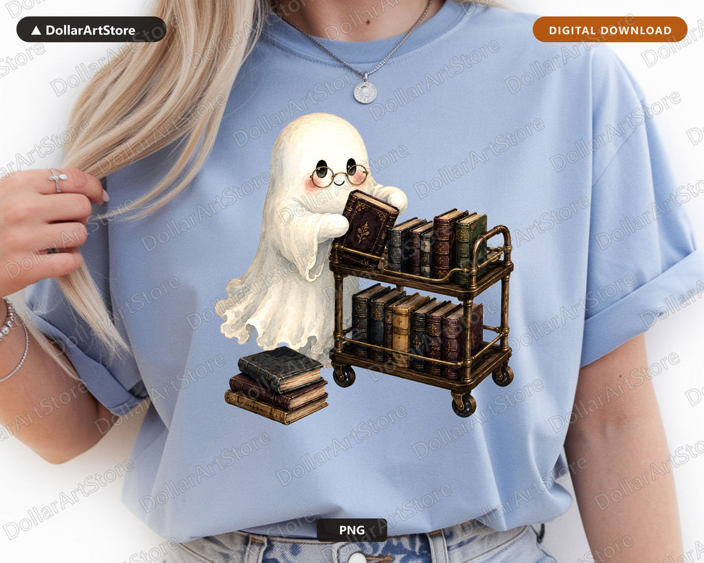 Bookish Ghost PNG Sublimation Design, Library Cart Shirt Print Digital Download