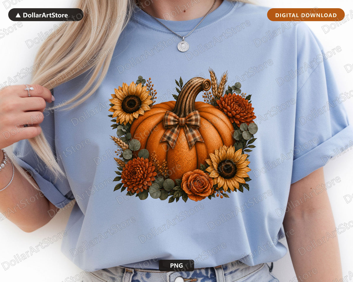 Autumn Pumpkin PNG, Fall Floral Sublimation Design, Shirt Print Digital Download