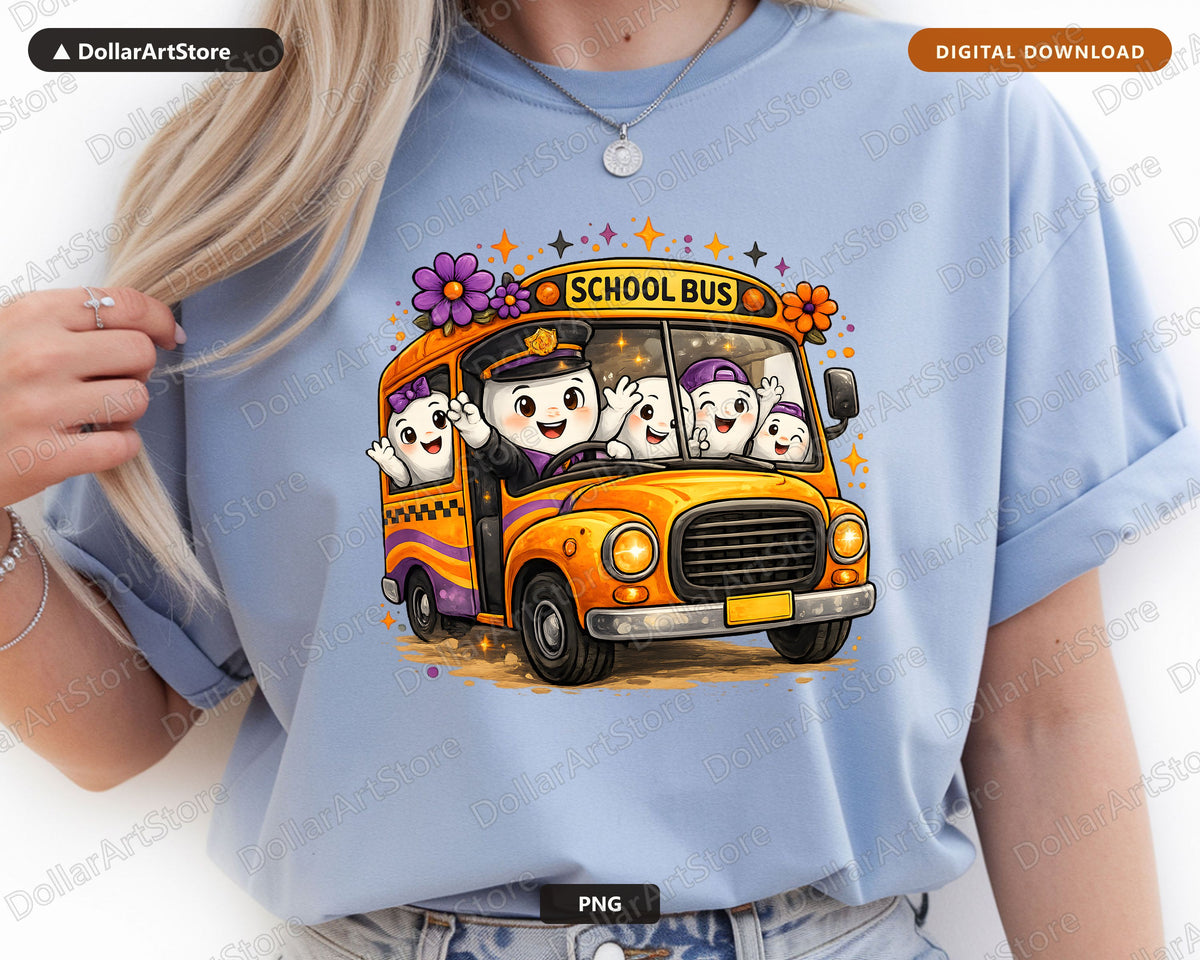 Cute Halloween Ghost School Bus PNG, Sublimation Design, Shirt & Tumbler