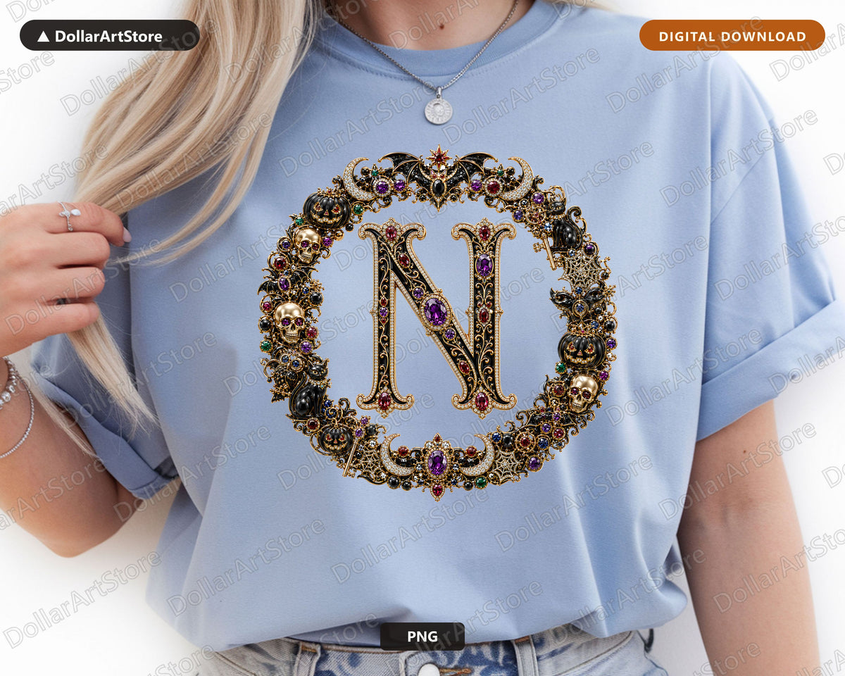 Halloween Monogram PNG N, Gothic Ornate Letter Design, Sublimation Shirt Download