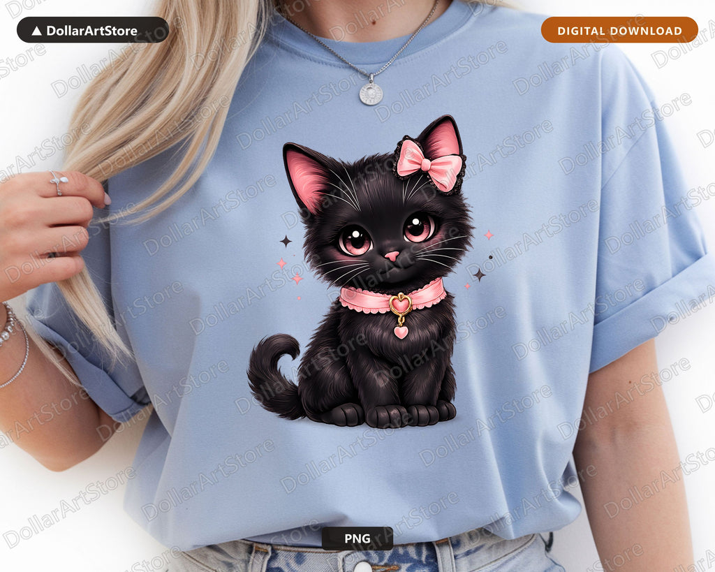 Coquette Black Cat PNG, Pink Bow Halloween Design Digital Download