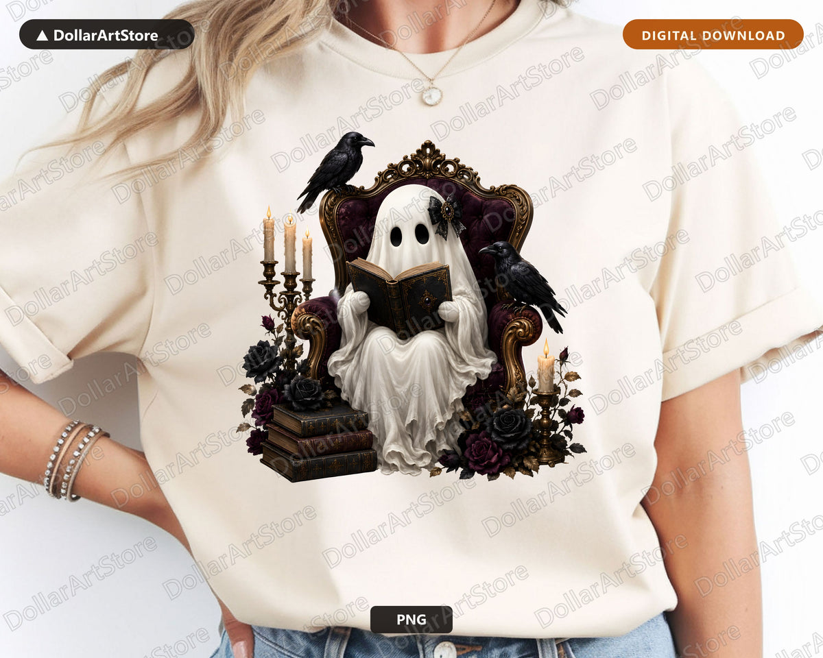 Bookish Ghost PNG, Dark Academia Sublimation Design, Halloween Shirt Design Digital Download
