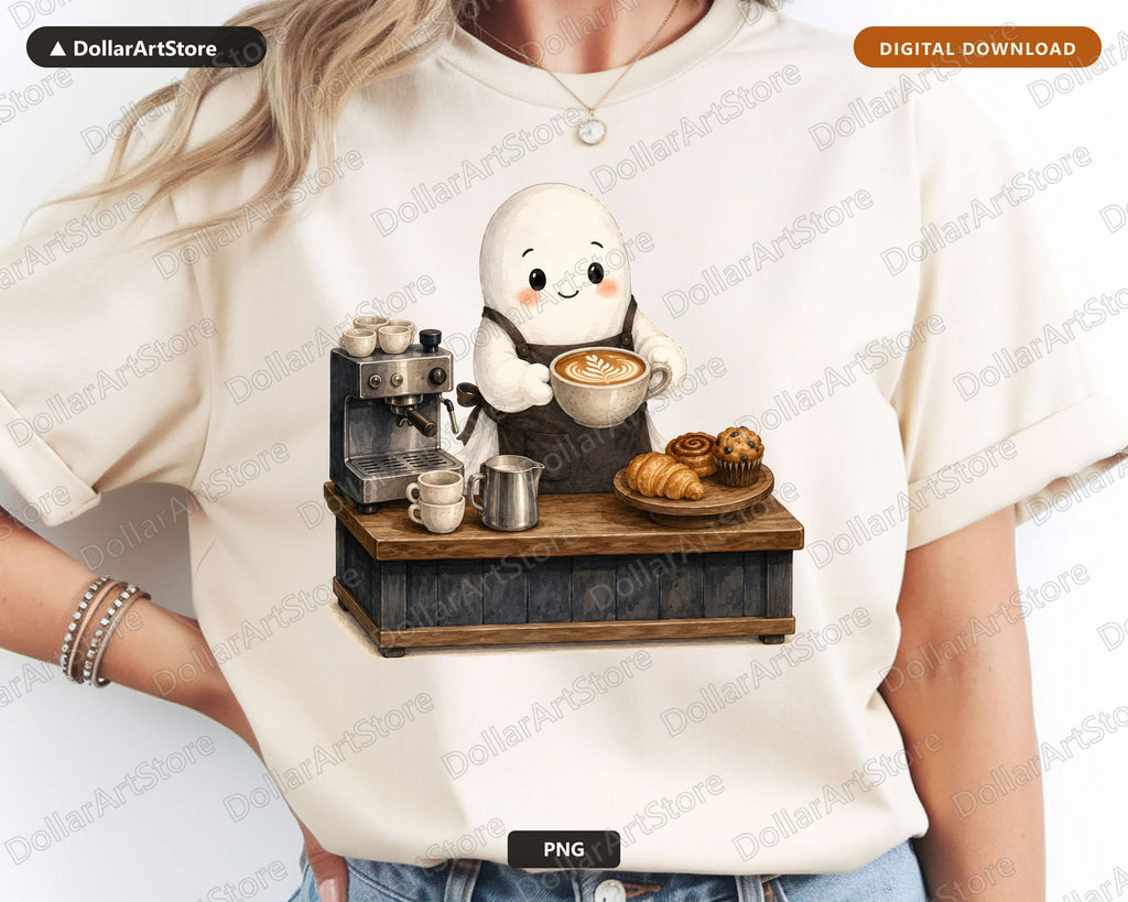 Cute Ghost Barista PNG, Sublimation Design, Coffee Shirt PNG Digital Download